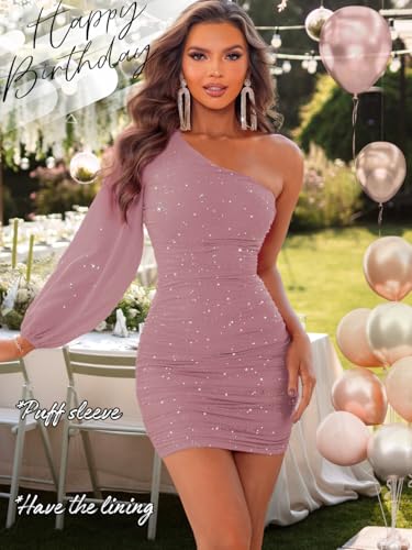 Image of ShawGobow Sparkly Outfits for Women,One Shoulder Ruched Bodycon Short Prom Dress,Sexy Dresses Cocktail Homecoming Nye