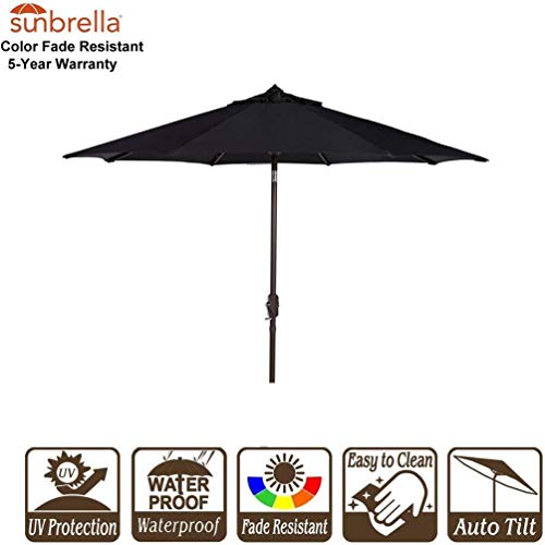 Bayside21 Sunbrella 9Ft Market Umbrella Patio Outdoor Table Umbrella With Crank, Auto Tilt And 5 Years Non-Fading Vented Umbrella Top (Sunbrella, Black) #TOP1