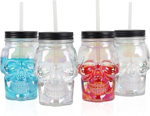 Servette Home Iridescent Skull Shaped Mason Jar with Lid and Straw
