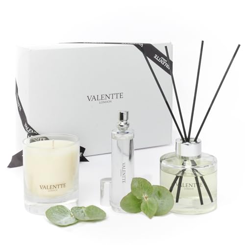 Scented Gift Box with Candle Reed Diffuser and Room Mist Aromatherapy Essential Oils Long Lasting Fragrance Made in the UK (Jasmine and Rosewood) (150g 100ml 30ml) - Valentte