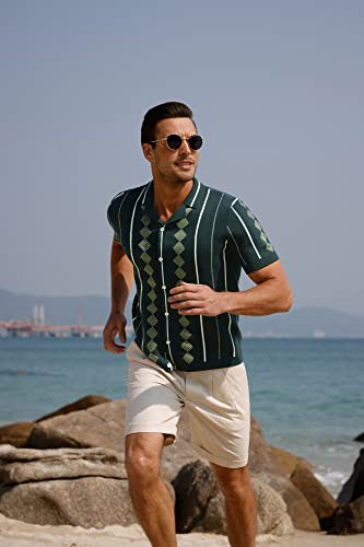 Mens Vintage Cuban Polo Shirt Cuban Breathable Button Down Shirts Dark Green 2Xl #TOP1