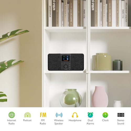 Image of SR20 Stereo 2.0 WiFi Internet Radio with Bluetooth 5.3, Podcast Player, FM Radio, Mains or AA Battery Powered, Color Display, 60 Presets, Dual Alarms, App Control Support-Elegant Black