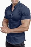 Men’s Muscle Fit Dress Shirts Athletic Slim Fit Short Sleeve Stretch Casual Button Down Shirt