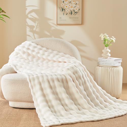 NEWCOSPLAY Throw Blanket for Couch Ivory Super Soft Flannel Fleece 3D Bubble Lightweight Bed Blanket All Season Use (Ivory, Throw(50″x60″))