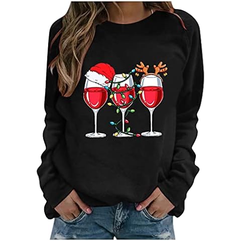 Tops Women's Elegant Christmas Hat Wine Glass Print Pattern Long Sleeve T-Shirt O-Neck Sweatshirt Pullover Blouse Tops Oversize Tops, black, S Cover