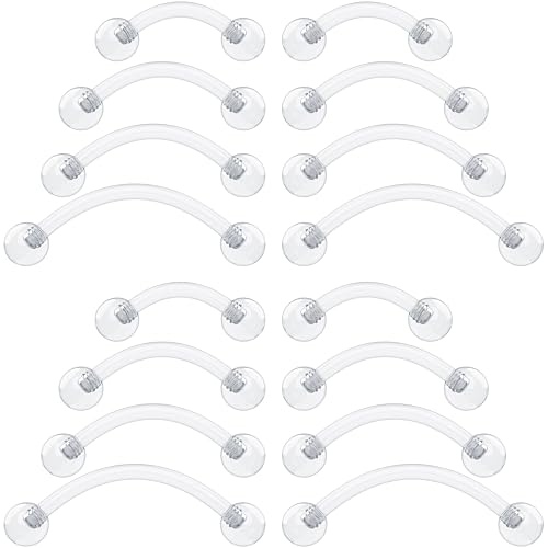 16g Clear Piercing Retainers For Surgery - Bioflex Plastic Clear Eyebrow Piercing Curved - Invisible Cartilage Earrings For Rook Helix Daith Tragus Conch Vertical Labret Snake Bite 8,10,12mm (16pcs Set)