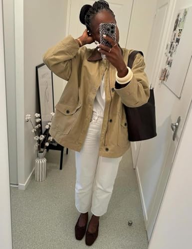 MOLERFO Oversized Barn Jacket for Women Corduroy Lapel Collar Button Down Casual Canvas Jacket Outwear4