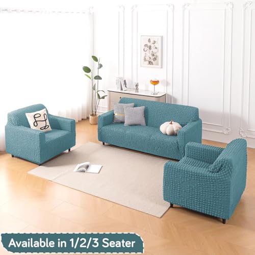 Image of HOKIPO 'Aria Nova' Elastic 280 GSM Stretchable 3 Seater Bubble Sofa Cover, Tropical Teal (NEW-AR-6210-TL)