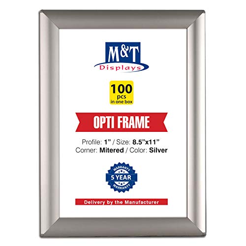 M&T Displays Opti Snap Poster Frame 8.5X11 Inch Silver 1" Aluminum Profile Front Loading Wall Mounting Photo Picture Document Certificate Sign Holder Mitered Corner Anti Glare Cover (100 Pack) #TOP23