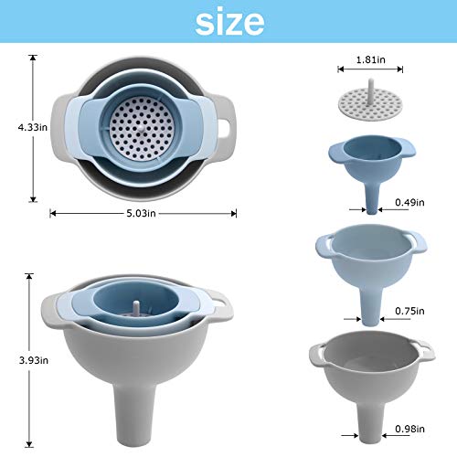 Kitchen Funnel With Strainer Filter,Funnel Set 3 Pack,2.3Inch,3.1 Inch,3.9 Inch, With 1Pack Removable Strainer, Funnels For Filling Bottles With Oil,Beer,Liquid,Food,Powder (4 In 1) (Blue) #TOP1
