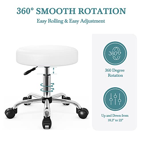 Hoomic Rolling Stool Chair With Wheels Salon Office Shop Bar Adjustable Spa Tattoo Massage Medical Swivel Drafting Stool With Pu Leather Cushioned, White #TOP1