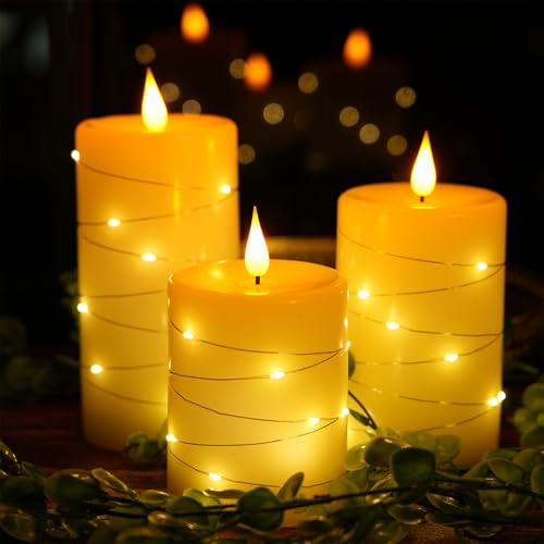 Image of 3Pcs LED Flameless Pillar Candles for Home Wedding Decor | 3D flickering flame, built‑in remote timer. 4 inch /5 inch /6 inch hemp rope LED candles, battery‑powered for indoor decor.