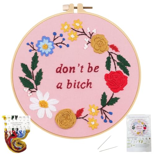Image of Nuberlic Funny Embroidery Kits for Beginners, DIY Cross Stitch Starter Kit for Adults Including Cloth with Pattern, Hoop, Needles Instruction and Threads