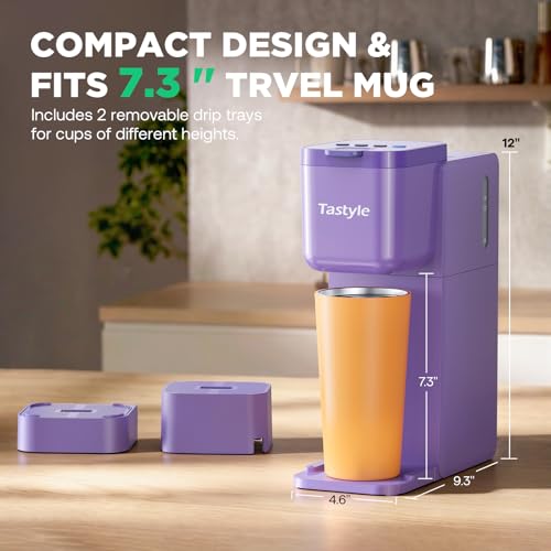 Image of Tastyle Single Serve Coffee Maker Hot and Iced with Bold Brew, Up to 16 Oz | for K Cup and Ground, Fits 7.3'' Travel Mug, 5 Cup Sizes, Compact for Office, RV& Hotel, K320, 3.0 Version, Pastel Purple