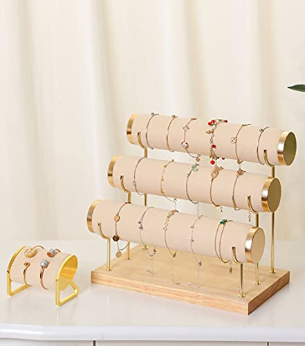 Aqerimit Detachable Bracelet Holder, Three Tier Racks Jewelry Display Stand, Stylish Velvet Wrist Watch Organizer, Beige - Thumbnail 4