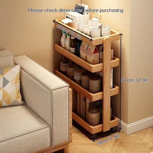 Vintage Rolling Storage Cart, 4-Tier Solid Pine Side Table with Lockable Wheels, Space Saving Moveable Snack Shelf for Living Room, Apartment, Brown, 15.7 Inch