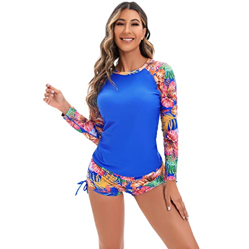 Long Sleeve Bathing Suit For Women Two Piece Rash Guard Swimsuits Tankini Sets Uv Upf 50+ Floral Print Swim Shirt With Boyshort Bottom Athletic Swimwear For Surfing Daiving #4 Royal Blue Medium #TOP28