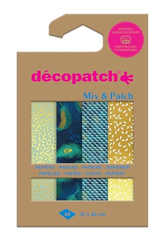 Décopatch DP041C - Packung Mix Patch, mit 4 Blatt Décopatch-Papier 30x40 cm, Goldener Pfau, gemischte Sortierung, geeignet ab 5 Jahren, 1 Pack