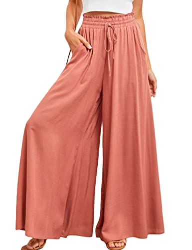 Jenkoon Women's Casual Wide Leg Pants Lightweight Drawstring Elastic Waist Flowy Pants Palazzo Elastic Summer Trousers(Orange,S) #TOP18