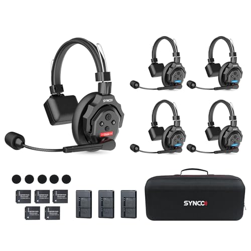 SYNCO XTALK X5 Wireless Intercom Headset System, 2.4GHz Full Duplex Group Talk Coms with 24H 350M/1148FT Real-time Monitoring, Single-Ear-Headsets-for