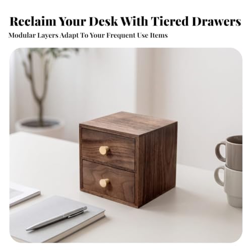 Image of Walnut Desk Organizer with Drawers Minimalist Desktop Drawer