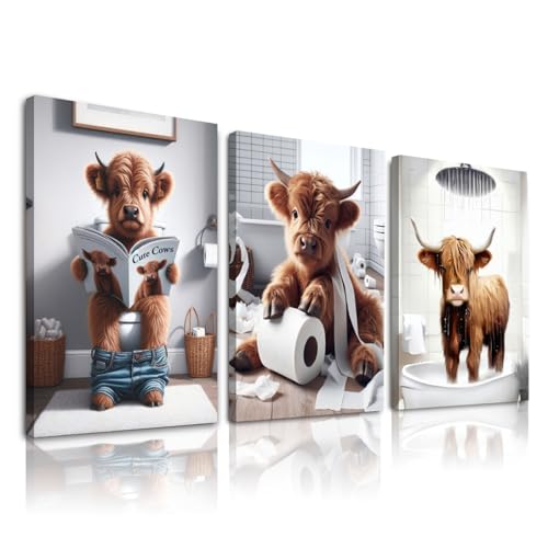 Funny Highland Cow Wall Art,Western Bathroom Decor Wall Art,Funny Bathroom