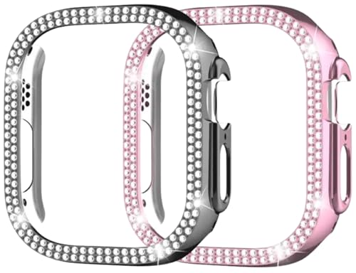 Image of AMiRiTE ADS144 Bling Diamond Rhinestone Ony Bumper Watch Case Cover Without Glass Compatible with Apple iWatch Series 49mm Ultra /Ultra 2 (49MM [ Bling CASE Combo Pack of 2 ], Black & Rose Pink)