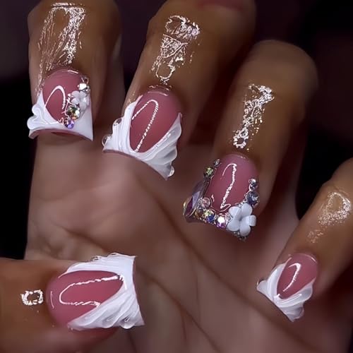 Image of French Tip Press on Nails White Fake Nails Short Nail with Rhinestone Design Flower Glue on Nails Glossy Reusable Artificial Acrylic Full Cover False Nail Duck Stick on Nails for Women Manicure 24Pcs