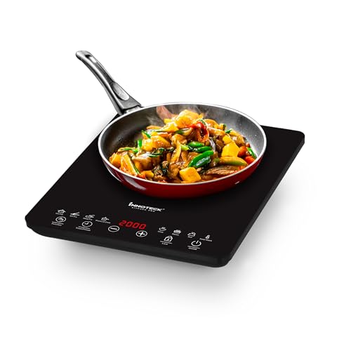 Innoteck Kitchen Pro Single Induction Hob – 2000W, Ultra-thin Design, Black Frosted Glass Panel, Multiple Power & Temperature Settings (60°C to 240°C), Touch Sensor, 3-Hour Timer, Child Safety Lock