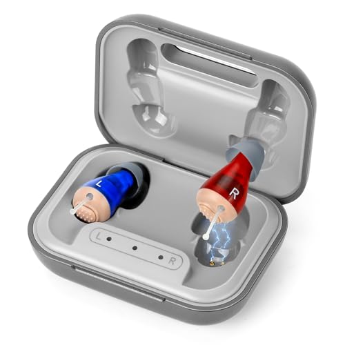 Hearing Aids Hearing Amplifiers for Seniors Rechargeable with Noise Cancelling Hearing Aid Loss Amplifier Seniors - Rechargeable with 48+ Hour Battery & Charging Case -Blue Red