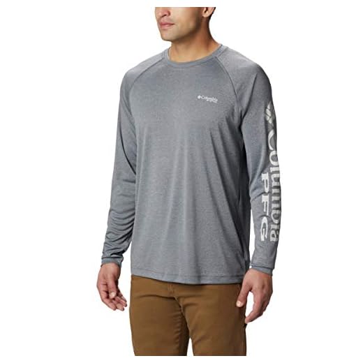 Columbia Men's Terminal Tackle Heather Long Sleeve Shirt, Charcoal HTHR/Cool Grey Logo, Large