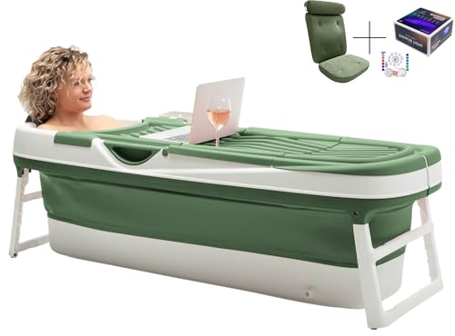 HelloBath® Opvouwbare Badkuip XXL 157x60x48 cm voor Volwassenen | Draagbare Badkuip met Badkussen, Opbergtas, LED-lamp & Massagerollers | Mobiele voor Douche & Buiten | Groen