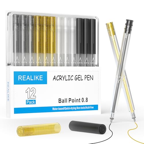 REALIKE Acrylic Gel Pens Compatible with Cricut Maker 4/Maker 3/Maker/Explore 4/3/Air 2/Air, Black White Silver Gold Acrylic Pens for Rocks, Paper, Wood, Canvas, Glass, Ceramic, Fabric (0.8 Tip)