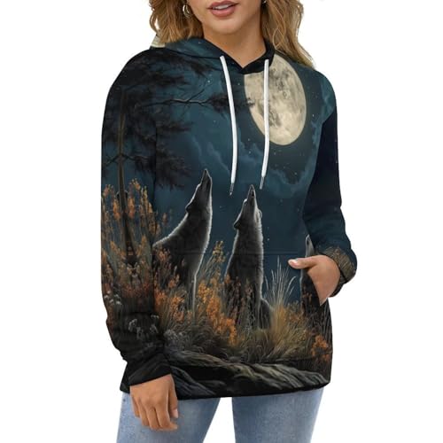 Pull à manches longues grande taille, sweat à capuche loup confortable