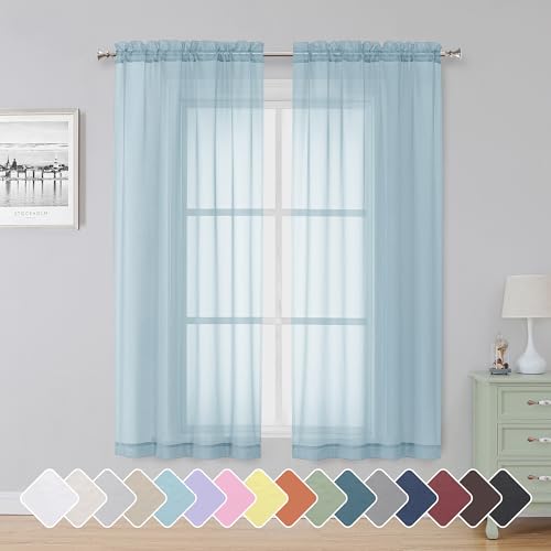 Simplebrand Sky Blue Sheer Curtains 63 Inch Length 2 Panels, Rod Pocket Solid Color Window Sheer Curtain Panels, Elegant Curtains & Drapes for Living Room, Bedroom 2 Panels (42" W x 63" L)