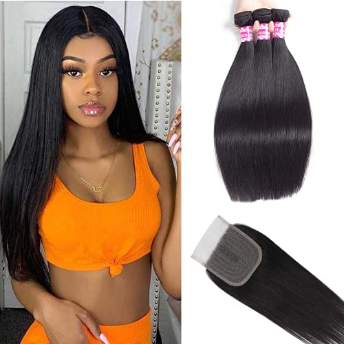 Esmode Hair Straight Hair Bundles with Closure (14 16 18+12 T-Part Closure) Brazilian Virgin Straight Human Hair 3 Bundles with Lace Closure for Black Women