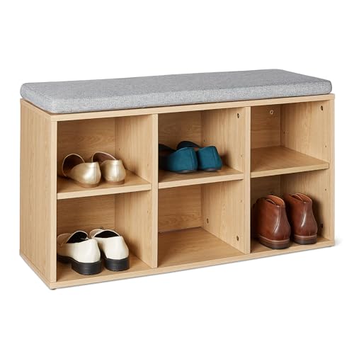 Amazon Basics Shoe Storage Bench with Cushion, Shoe Rack with 6 Compartments, Adjustable Shelves, for Entryway, 87 x 30 x 48 cm, Oak
