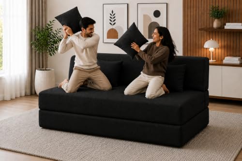 Image of Four Seater Sofa Cum Bed 6x6 Ft with Soft Foam Cushioning, Comfortable Foldable Sofa Bed for Living Room, Bedroom, Guest Room & Office(Black)