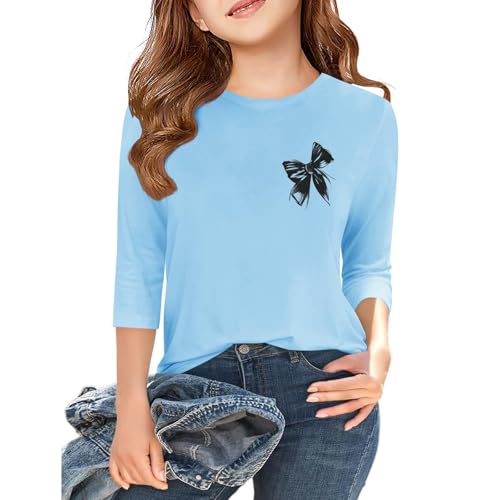 Girls 3/4 Sleeve T-Shirt Soft Casual Top Cute Crew Neck Lightweight Fall Tee for Kids