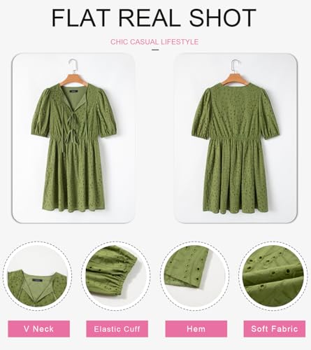 Dokotoo Green Dresses for Women Eyelet Dresses 2026 Tie Front V Neck Cotton Midi Dress Short Sleeve A Line Hollow Out Embroidered Dress Fashion Elegant Tie Tie Front Dresses Medium — view 4