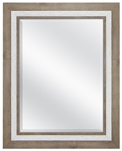 Image of MCS 18x24 inch Beveled Wall Mirror, 24.5x30.5 Inch Overall Size, Rustic Wood and Embossed Whitewash Finish
