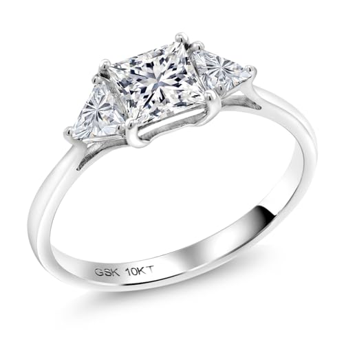 Gem Stone King 10K White Gold Lab Grown Diamond 3 Stone Engagement Ring For Women | 1.00 Cttw | Princess 5MM and Trillion 3.5MM | 3 Stone Wedding Anniversary Gold Ring