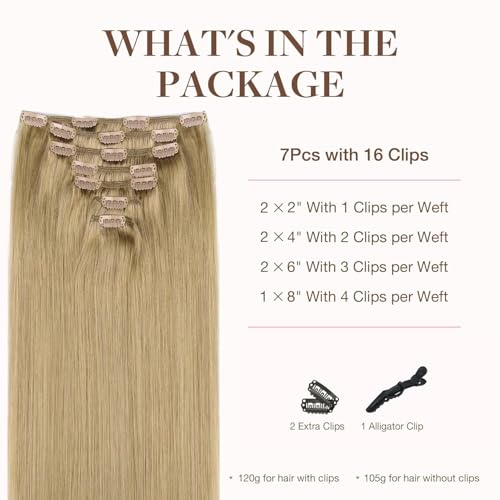 GOO GOO Clip in Hair Extensions Real Human Hair, Remy Human Hair Extensions Clip ins for Women, Natural Human Hair, 20inch 120g 7Pcs, 7 Bronde