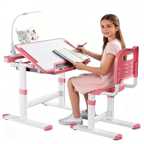 Decofy Kids Desk and Chair Set, Height Adjustable Study Table for 3–12
