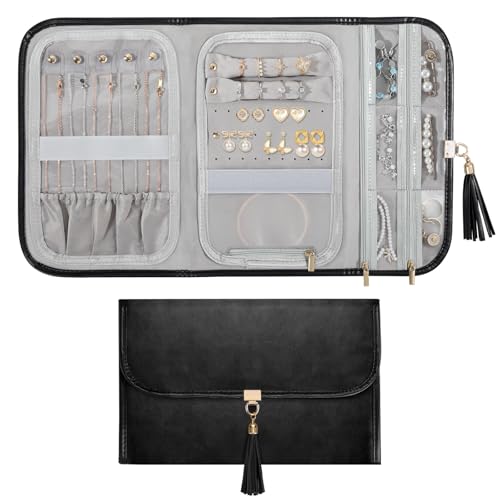 Emibele Travel Jewelry Organizer, Waterproof Leather Jewelry Roll Bag Storage Pouch, Tassel Foldable Travel Jewelry Case Holder for Earrings Necklace Bracelet Rings, Women Travel Essentials, Black