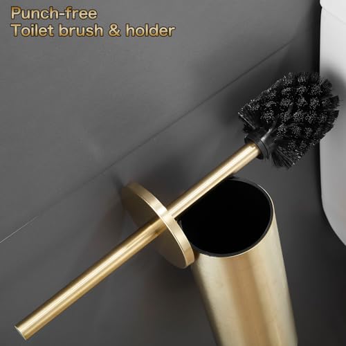 Image of AIREMOEN 1PCS Brushed Gold Stud Free Toilet Brush and Holder Set, 304 Stainless Steel Handle Toilet Brush Holder, Toilet Brush and Plunger Set, Bathroom Wall-Mounted Compact Toilet Brush Holder