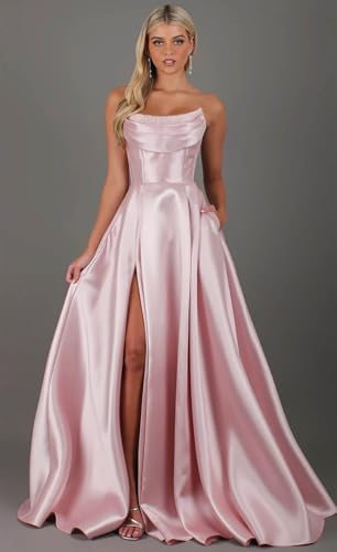 Fu Jiang Women's Satin Prom Dresses with Slit A Line Pleated Corset Formal Evening Ball Gown with Pockets4