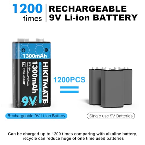HIKITMATE Rechargeable 9V Batteries Lithium USB-C 1300mAh, 4 Pack by HIKITMATE - Used condition - Image 3