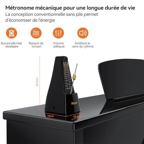 Rhymo Métronome Mécanique à Mouvement Métallique - 4 Temps Précis, 40-208 BPM - pour Guitare, Piano, Tambour & Violon, Son Rythme Fort et Clair, Idéal pour Débutants (Noir) – vue 2