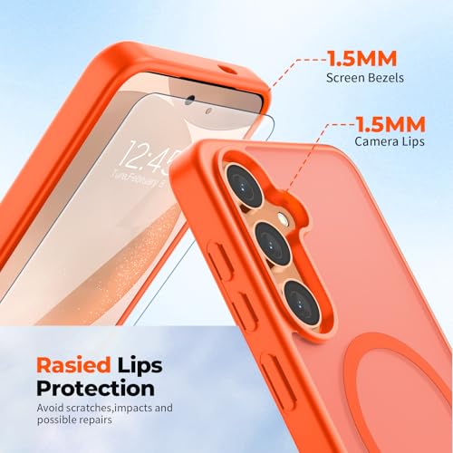 Image of SUPFINE Magnetic for Samsung Galaxy S24 Case / S25 Case with Screen Protector, (Built-in Magnets) (Military Grade Drop Protection) Slim Translucent Shockproof Phone Case,Orange